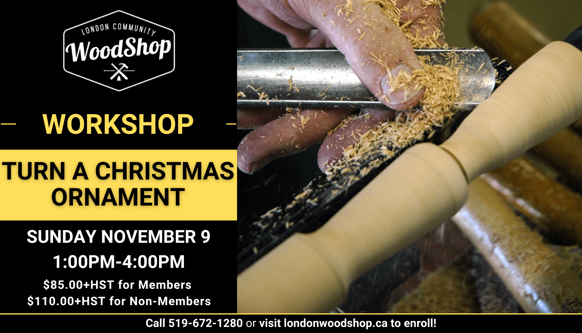 Photo of woodworker turning and creating a christmas ornament on the lathe tURN A cHRISTMAS oRNAMENT workshop Sunday November 9 1:00pm-4:00pm $85.00+HST for Members $110.00+HST for Non-Members